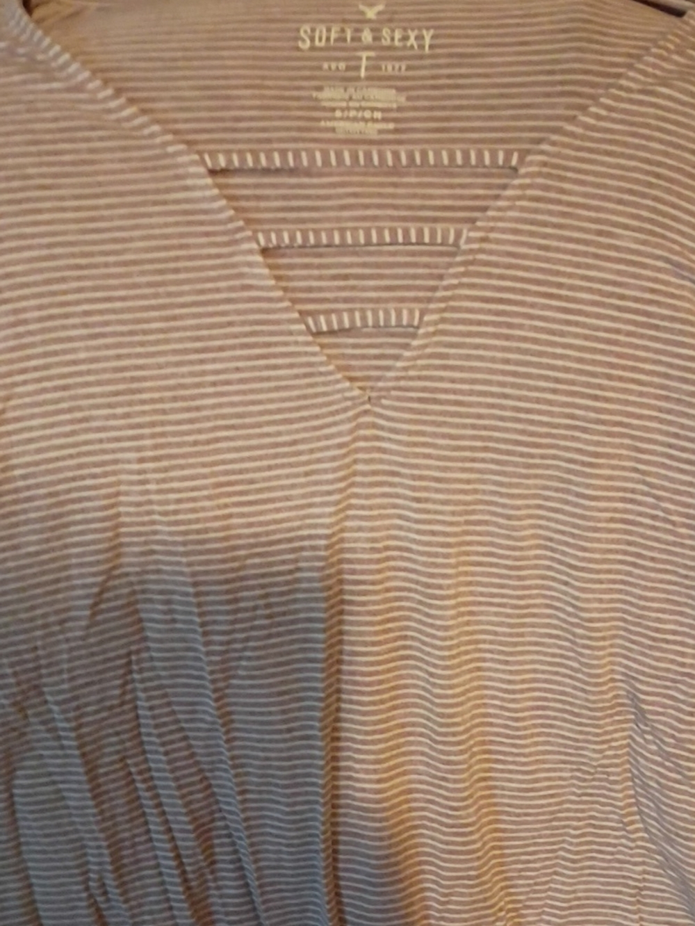 American Eagle Outfitters Mauve and White Striped V‑Neck Tee